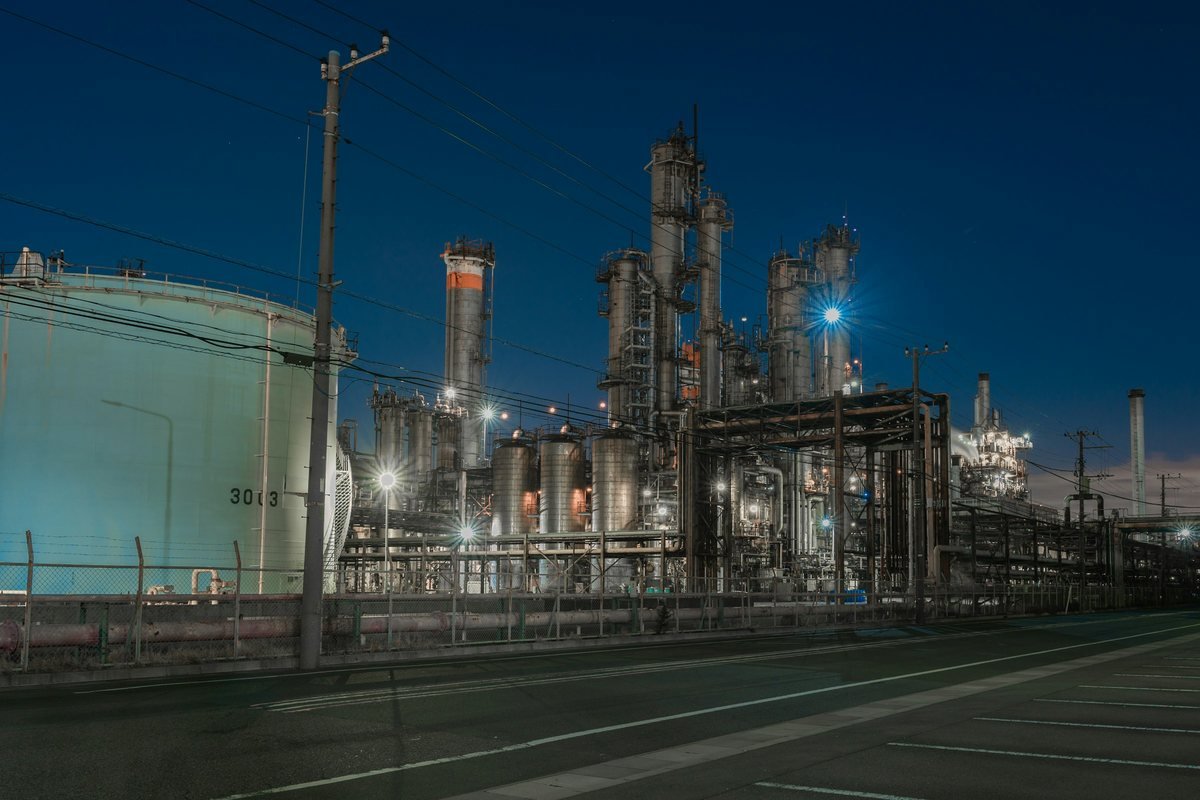 Petrochemical processing plant at dusk